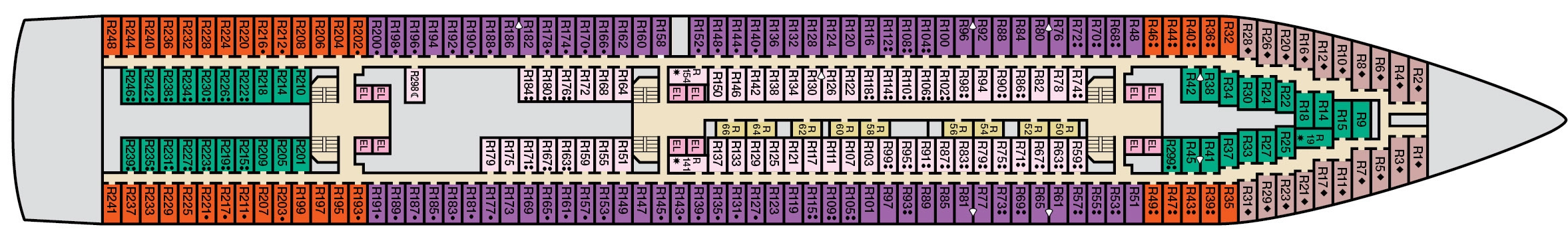 Carnival Elation, Deck 4: official cabin and venue layout