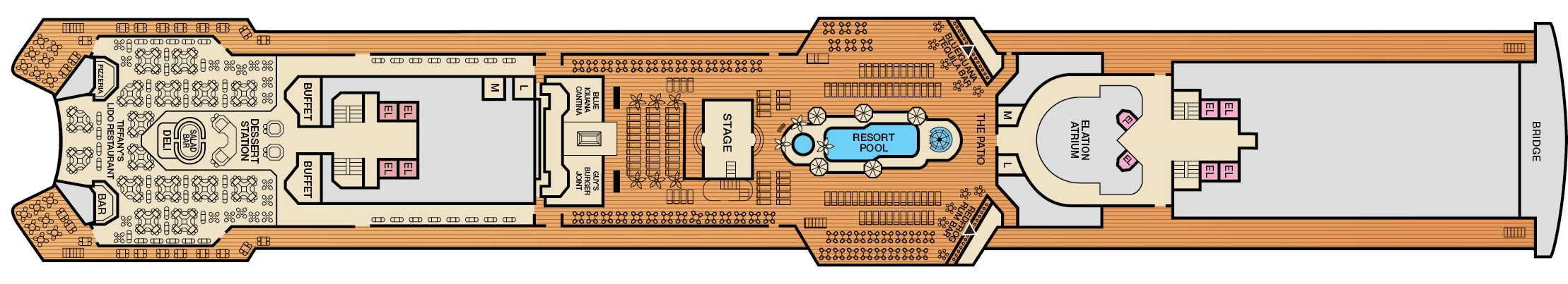 Carnival Elation, Deck 10: official cabin and venue layout