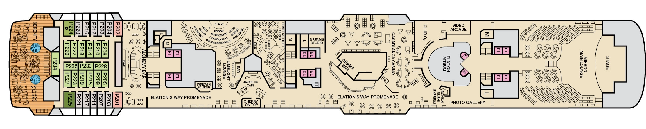 Carnival Elation, Deck 9: official cabin and venue layout