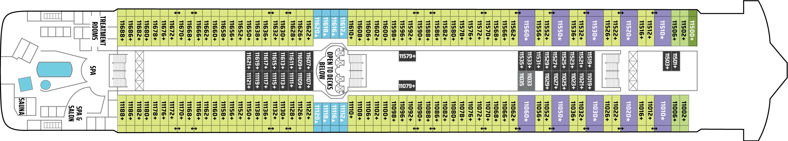 Norwegian Star, Deck 11: official cabin and venue layout