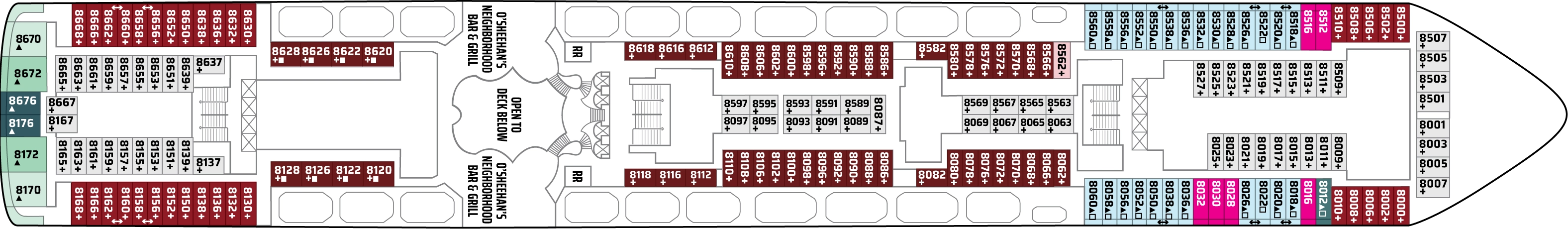 Norwegian Star, Deck 8: official cabin and venue layout
