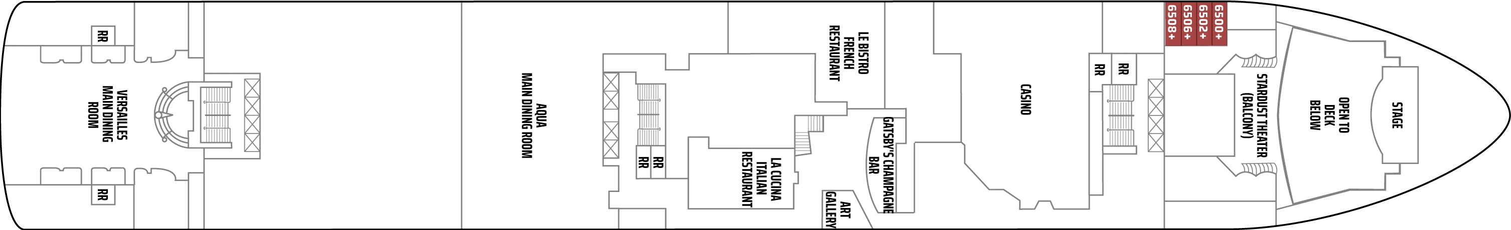Norwegian Star, Deck 6: official cabin and venue layout