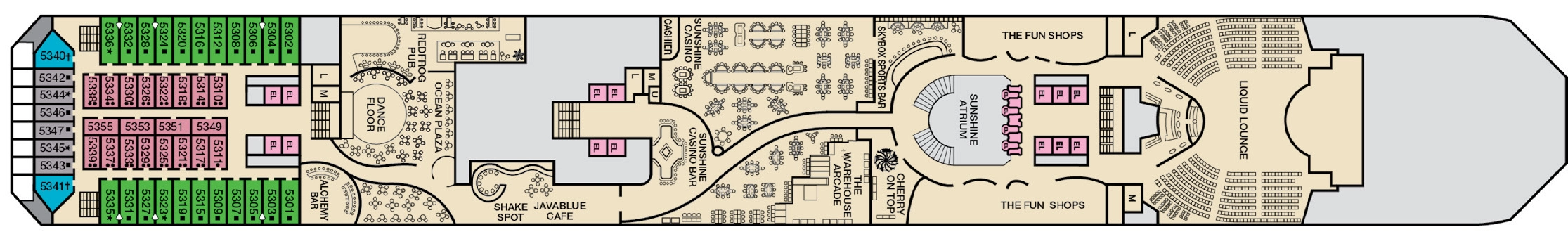Carnival Sunshine, Deck 5: official cabin and venue layout