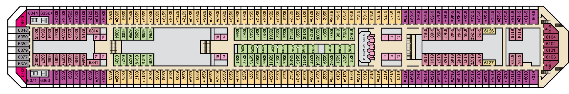 Carnival Sunshine, Deck 6: official cabin and venue layout