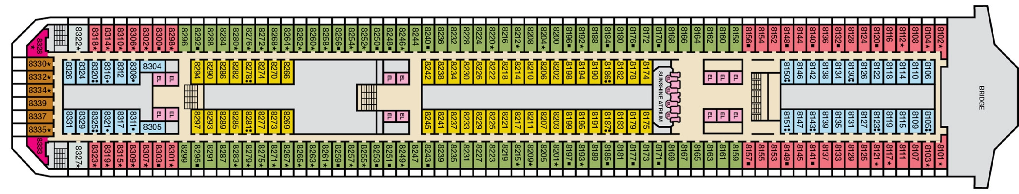 Carnival Sunshine, Deck 8: official cabin and venue layout