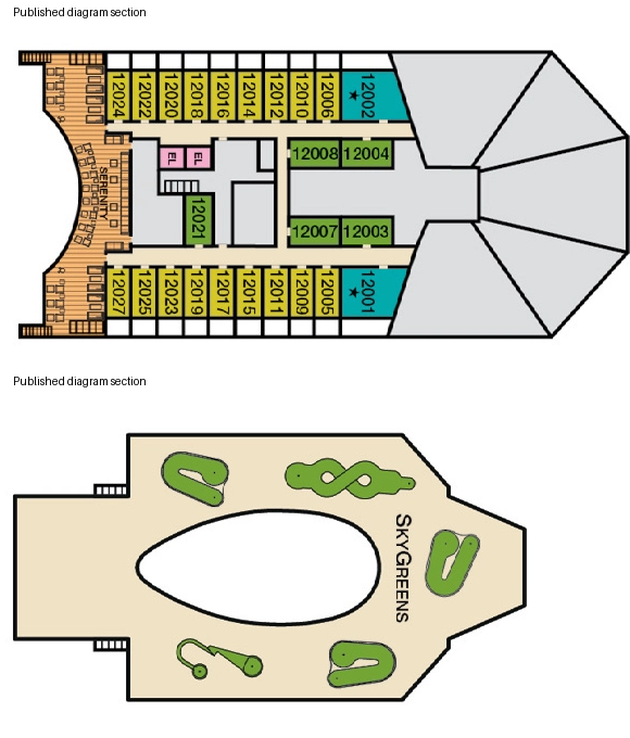 Carnival Sunshine, Deck 12: official cabin and venue layout