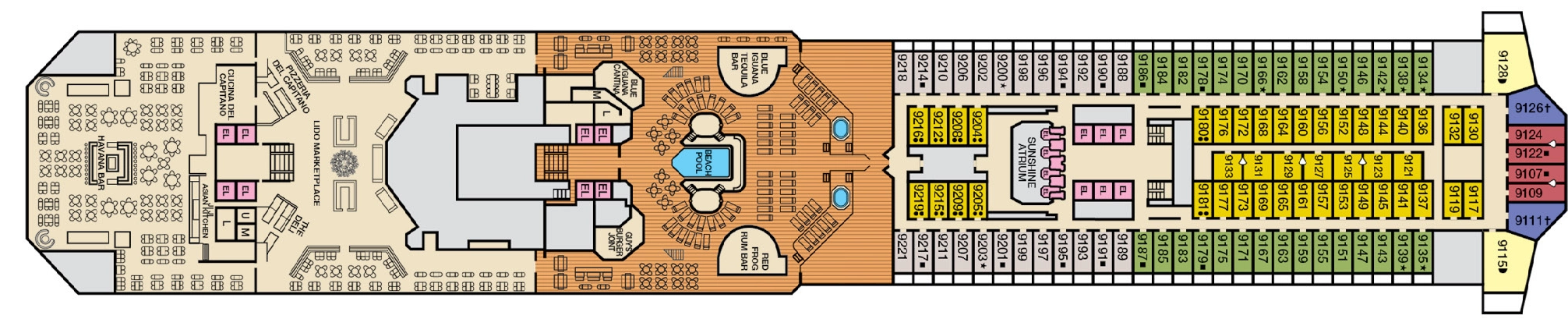 Carnival Sunshine, Deck 9: official cabin and venue layout