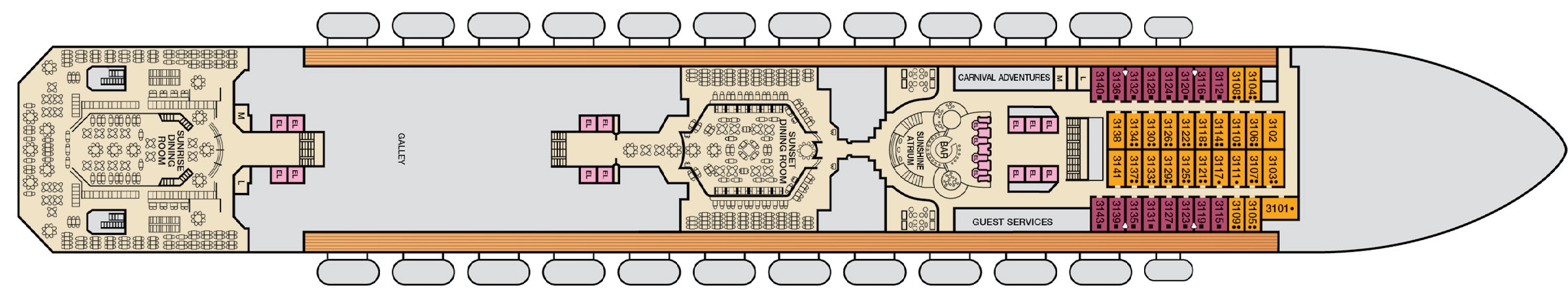 Carnival Sunshine, Deck 3: official cabin and venue layout