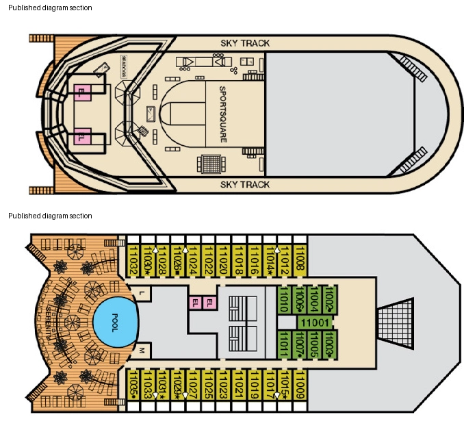 Carnival Sunshine, Deck 11: official cabin and venue layout