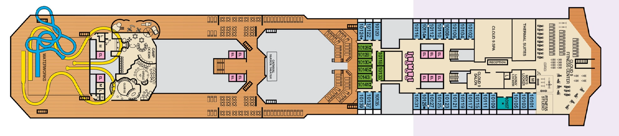 Carnival Sunshine, Deck 10: official cabin and venue layout