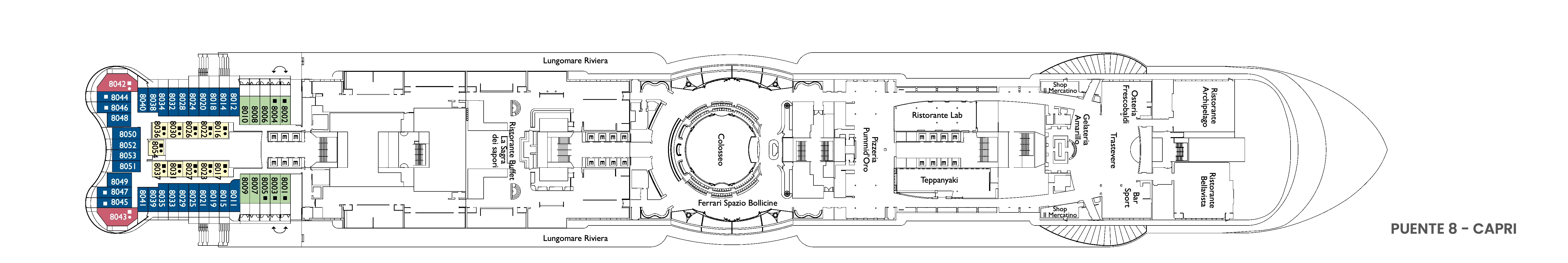 Costa Smeralda, Deck 8: official cabin and venue layout
