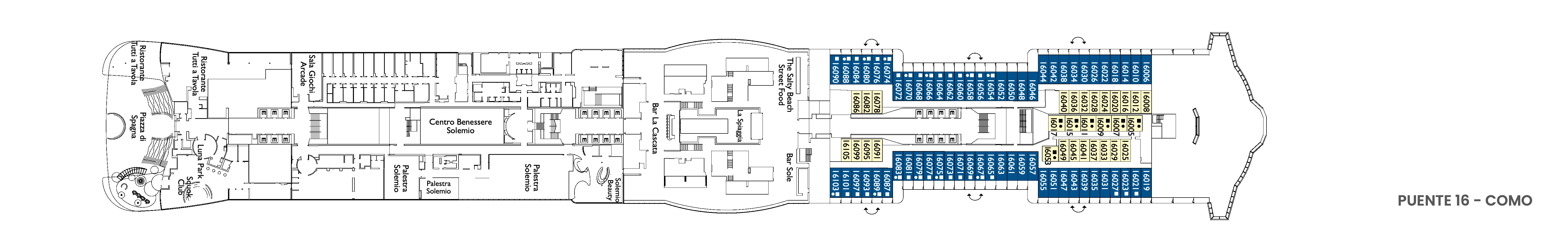 Costa Smeralda, Deck 16: official cabin and venue layout