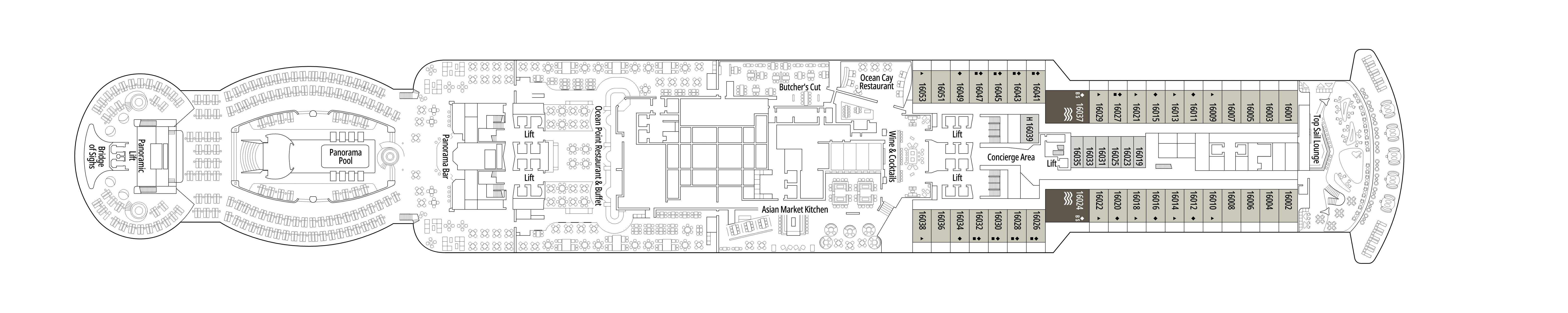 MSC Seaview, Deck 16: official cabin and venue layout