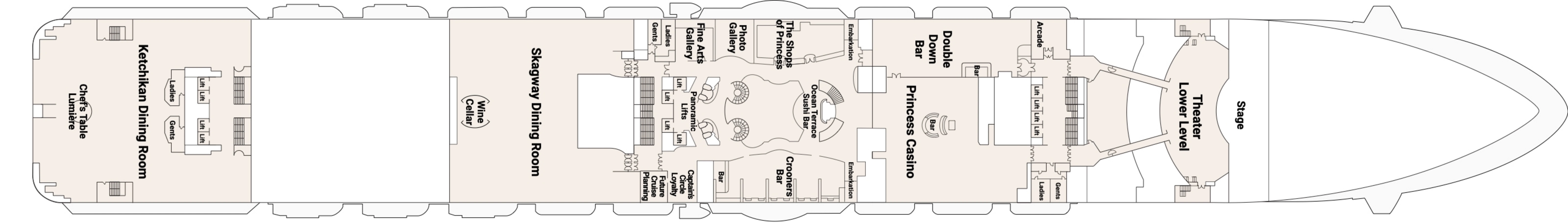 Discovery Princess, Deck 6: official cabin and venue layout