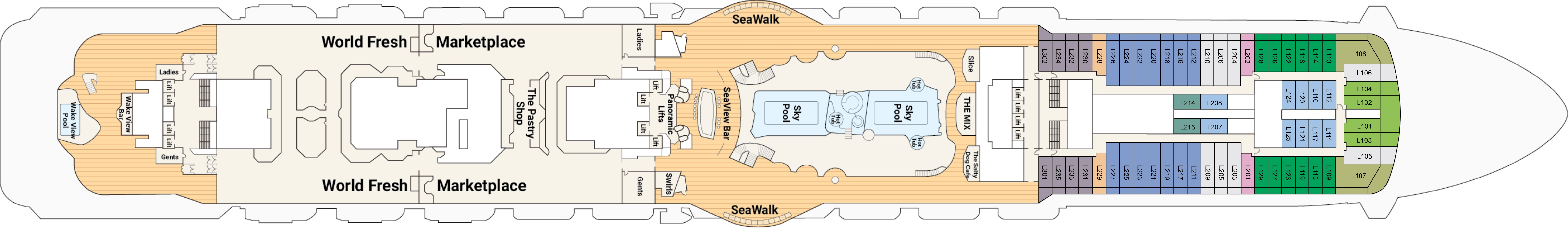 Discovery Princess, Deck 16: official cabin and venue layout