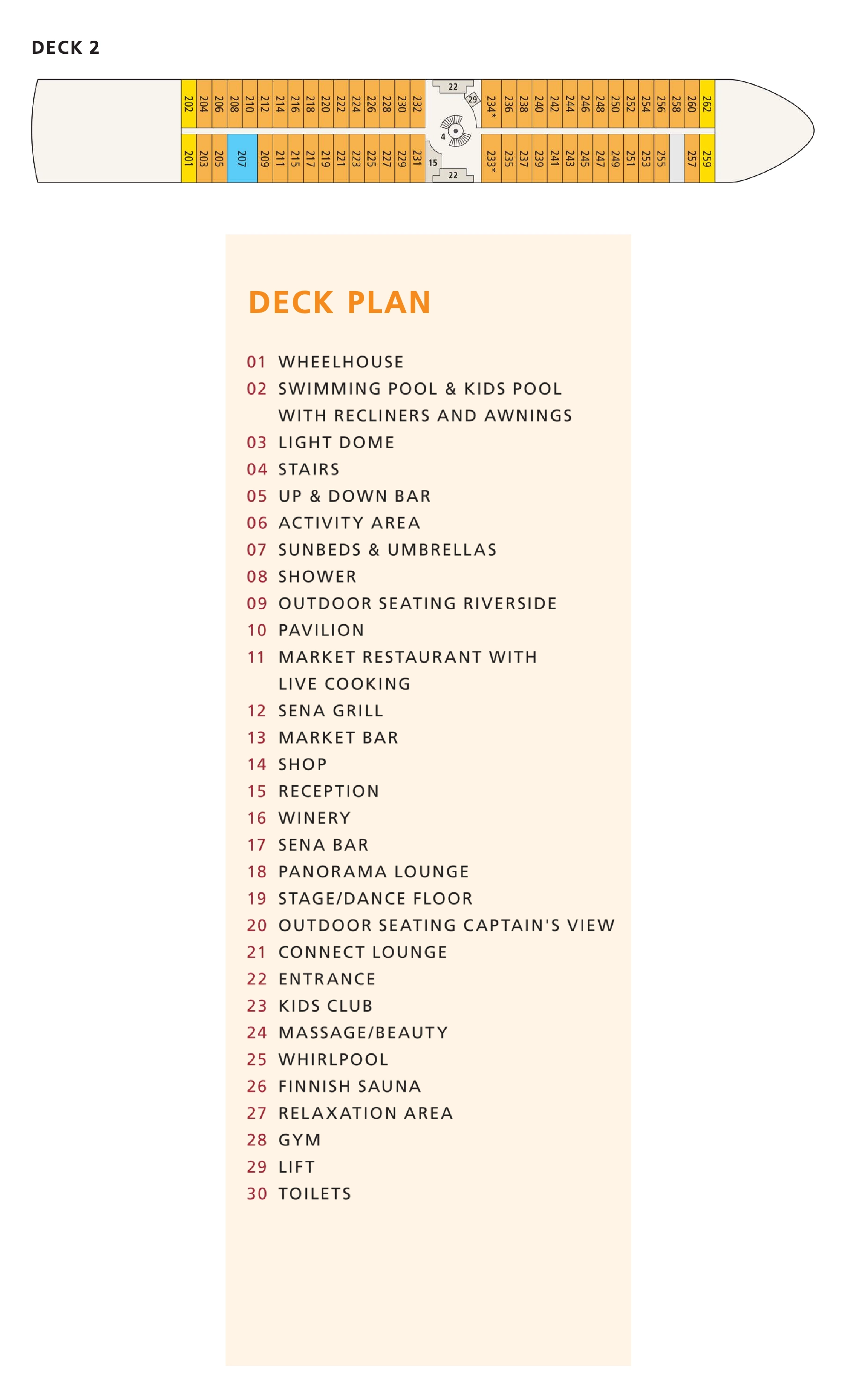 A-ROSA Sena, Deck 2: official cabin and venue layout