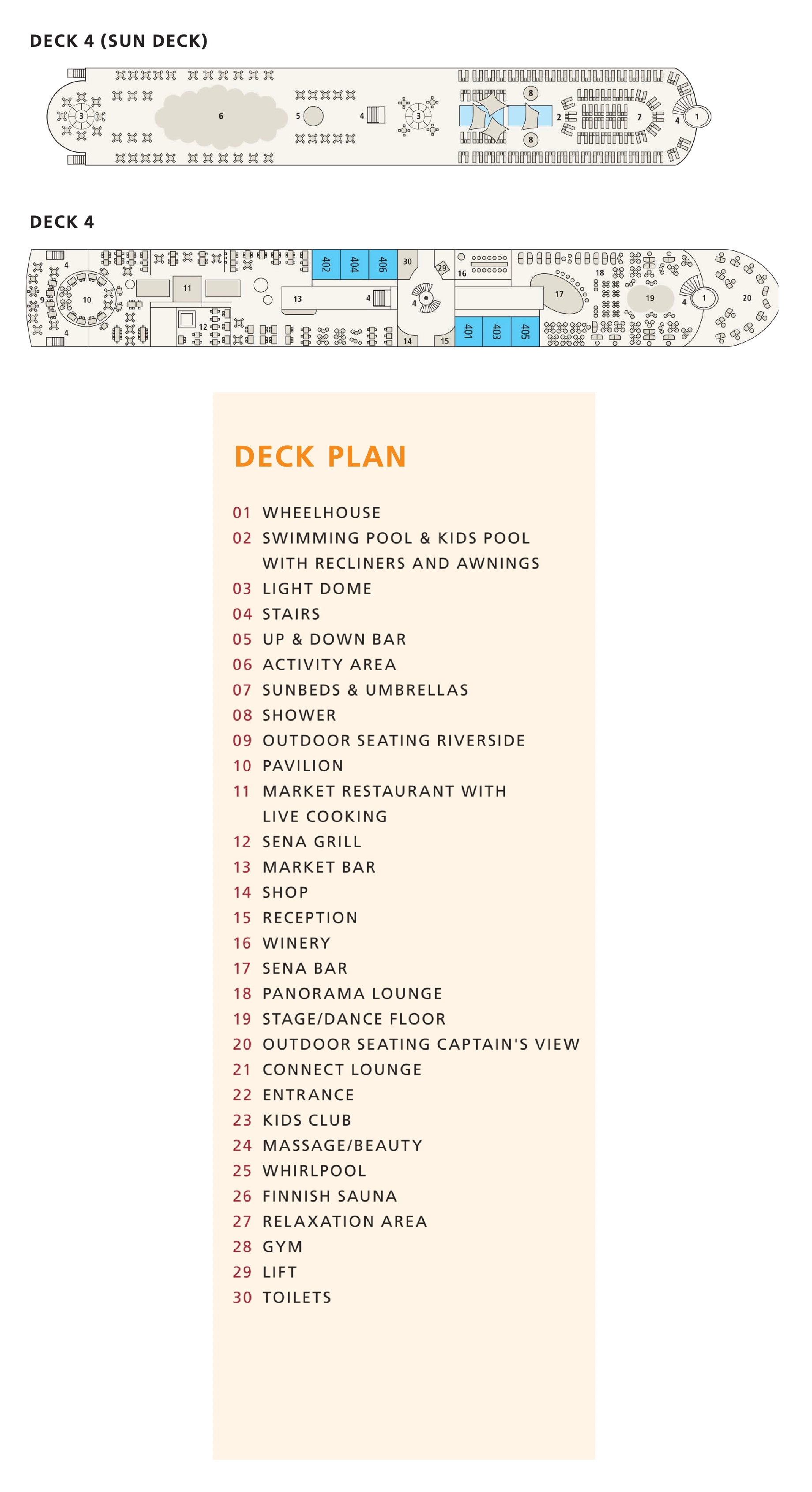 A-ROSA Sena, Deck 4: official cabin and venue layout