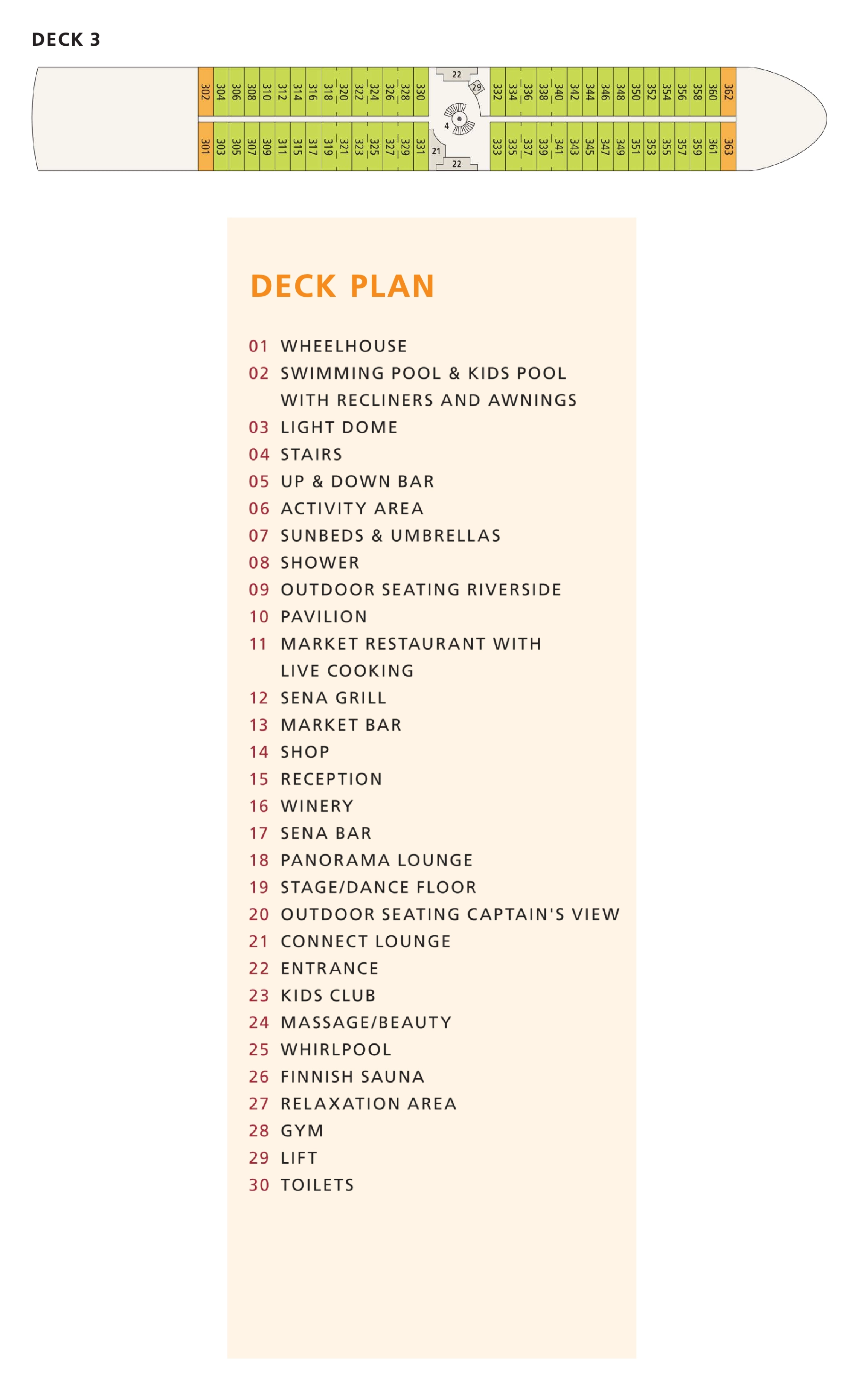 A-ROSA Sena, Deck 3: official cabin and venue layout