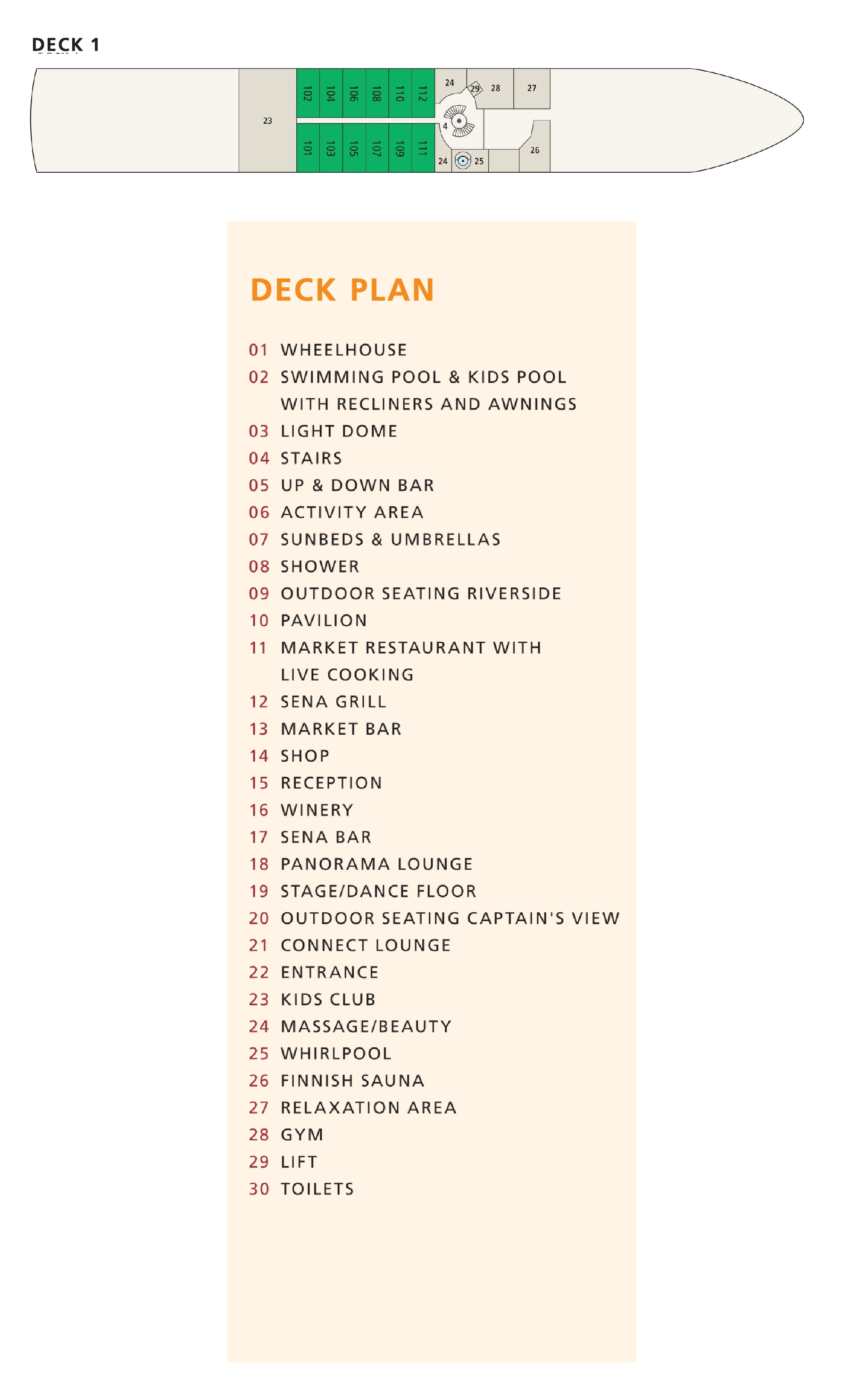 A-ROSA Sena, Deck 1: official cabin and venue layout