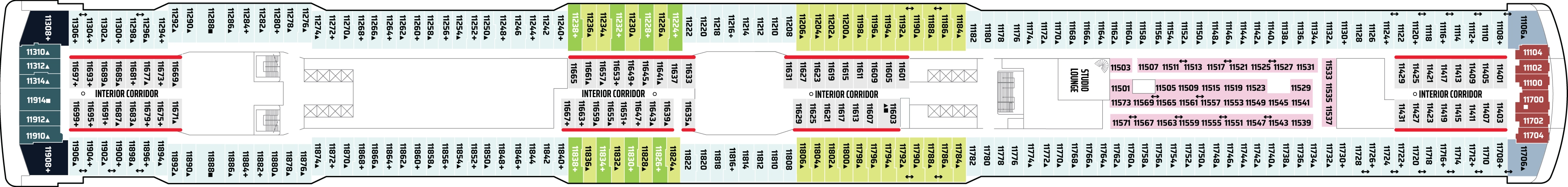 Norwegian Breakaway, Deck 11: official cabin and venue layout