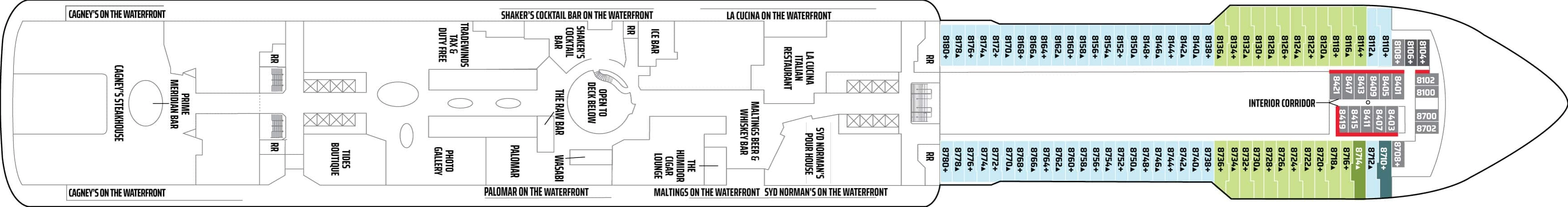 Norwegian Breakaway, Deck 8: official cabin and venue layout
