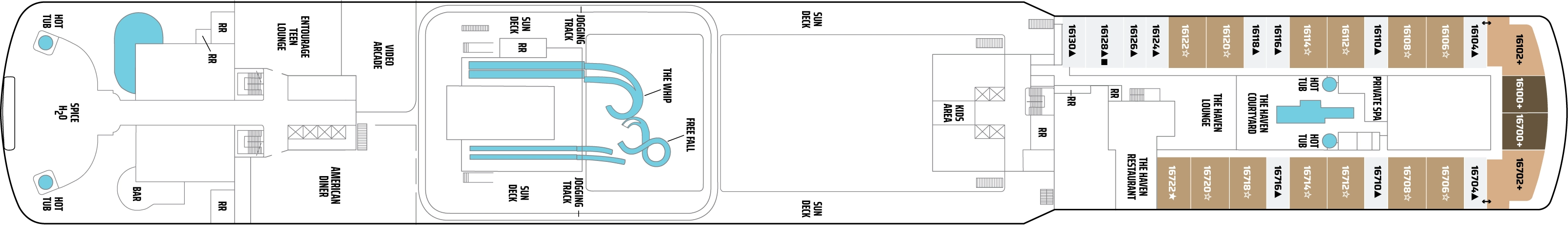 Norwegian Breakaway, Deck 16: official cabin and venue layout