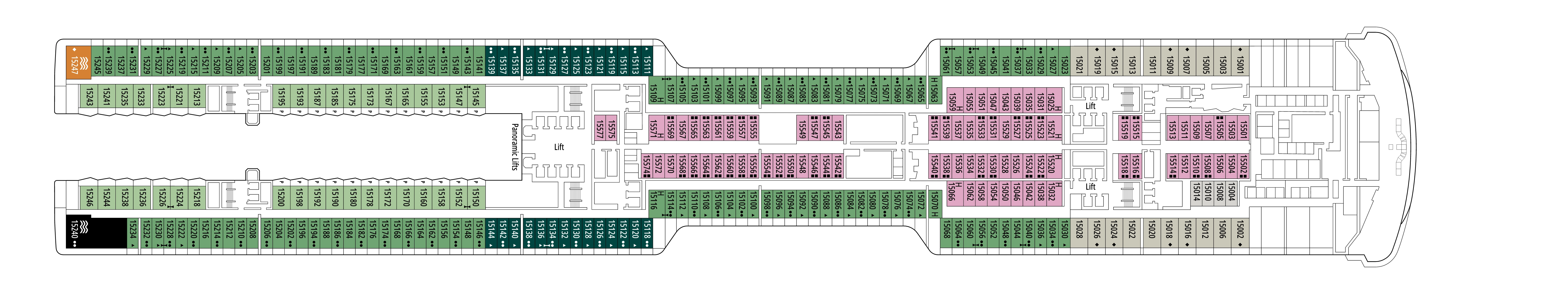 MSC World Atlantic, Deck 15: official cabin and venue layout