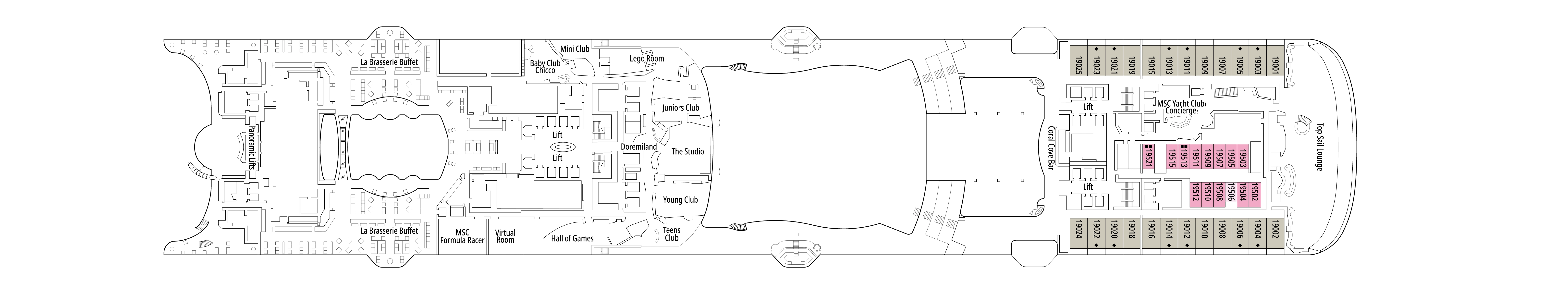 MSC World Atlantic, Deck 19: official cabin and venue layout
