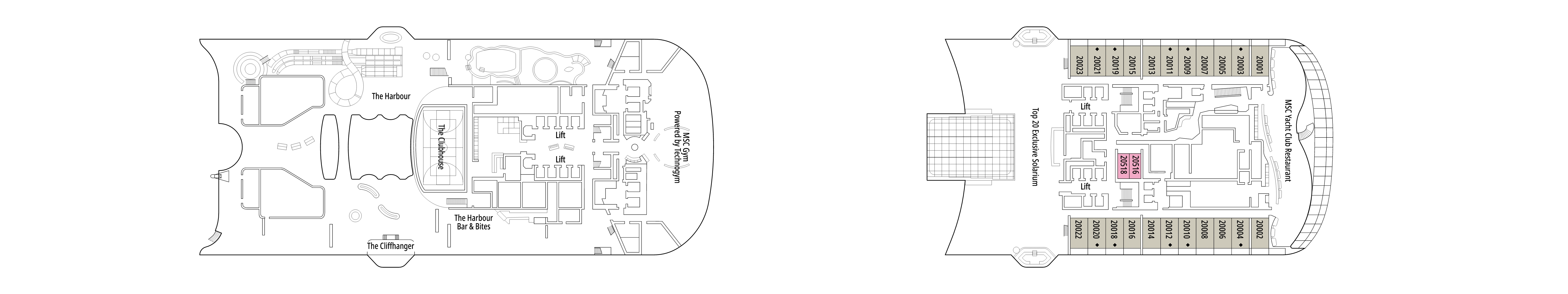 MSC World Atlantic, Deck 20: official cabin and venue layout
