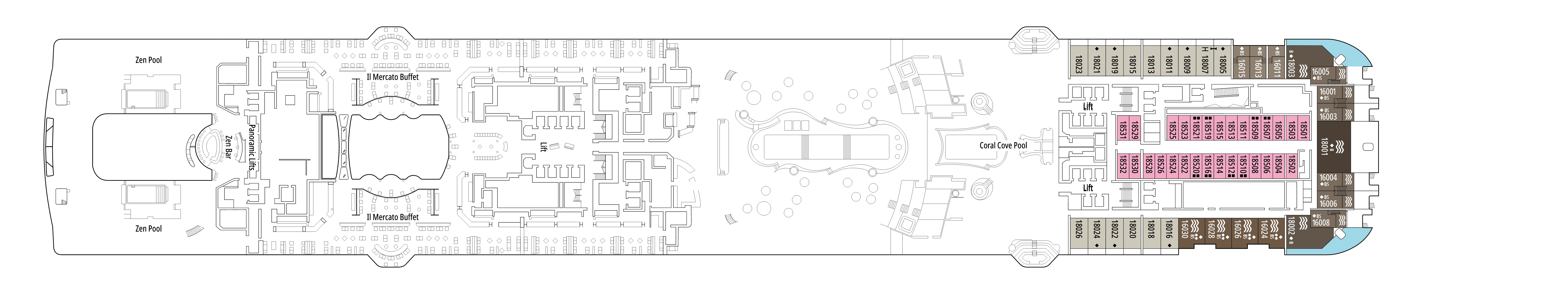 MSC World Atlantic, Deck 18: official cabin and venue layout