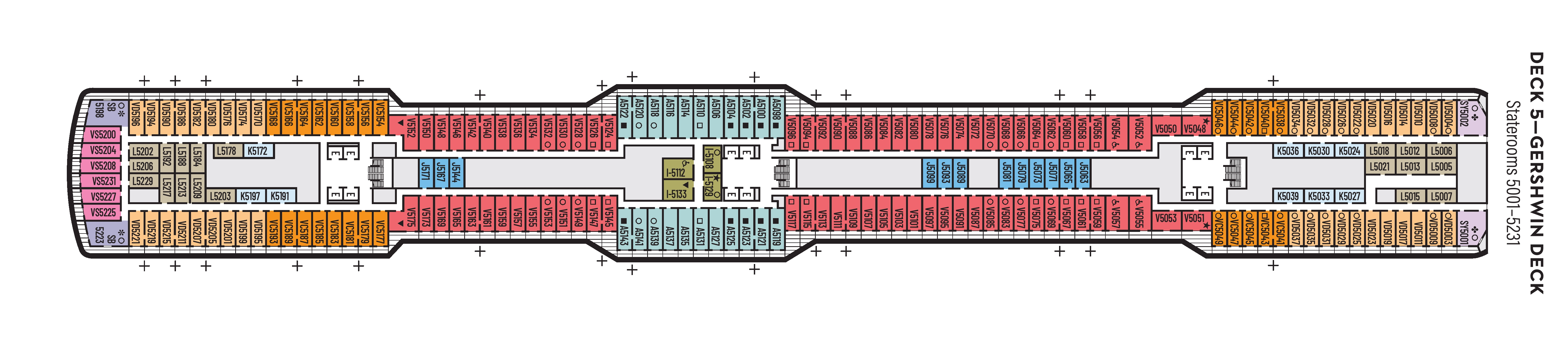 Nieuw Statendam, Deck 5: official cabin and venue layout