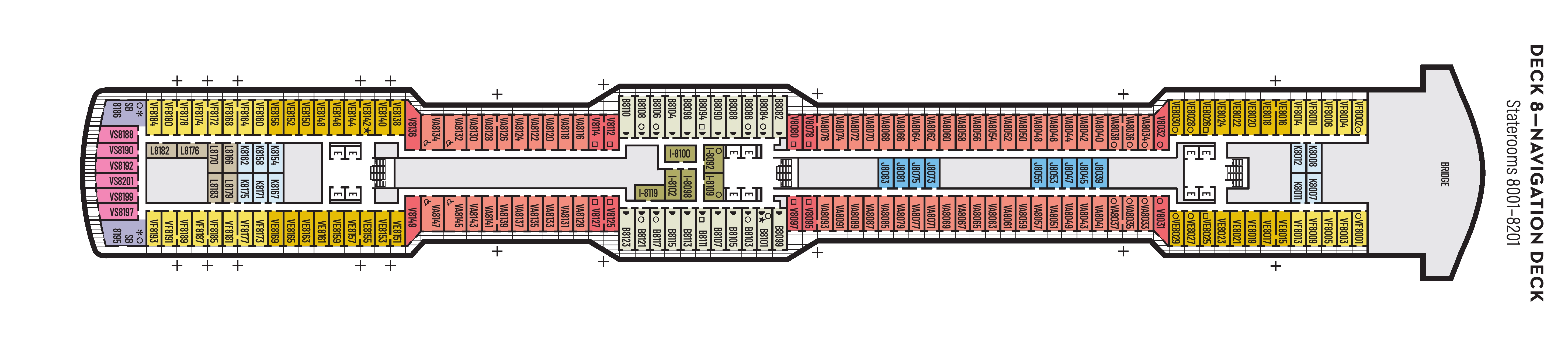 Nieuw Statendam, Deck 8: official cabin and venue layout