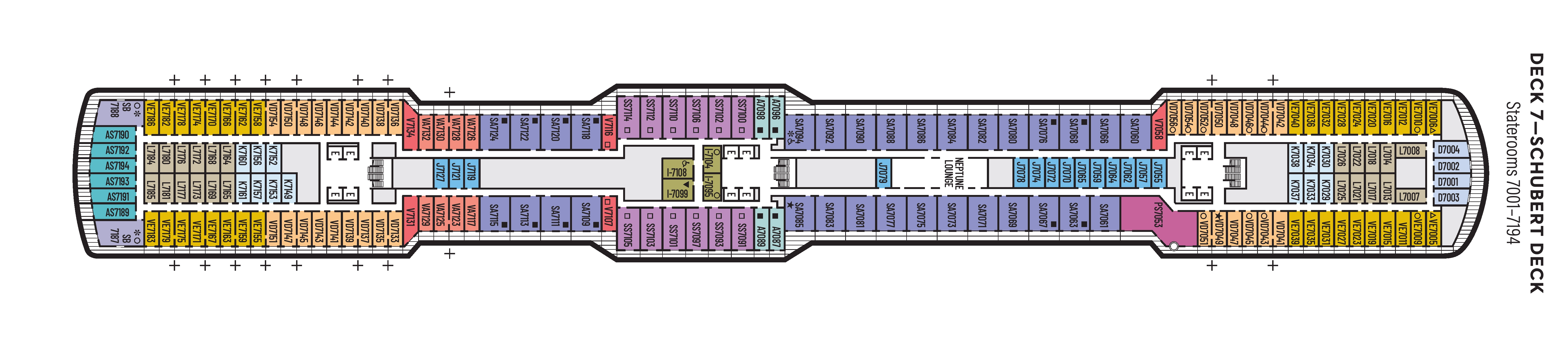Nieuw Statendam, Deck 7: official cabin and venue layout