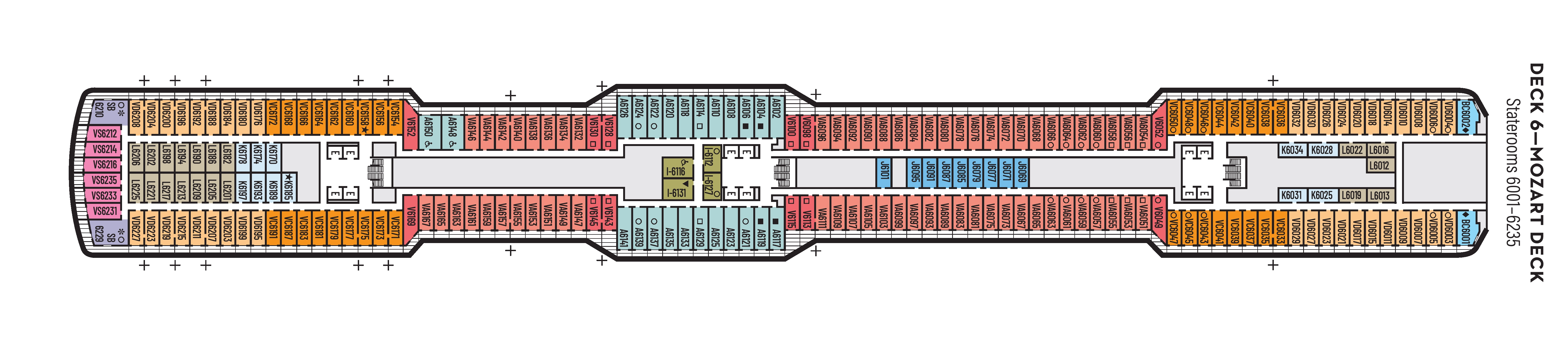 Nieuw Statendam, Deck 6: official cabin and venue layout