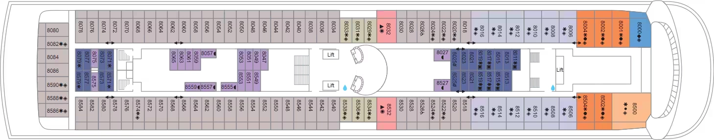 Marella Discovery, Deck 8: official cabin and venue layout