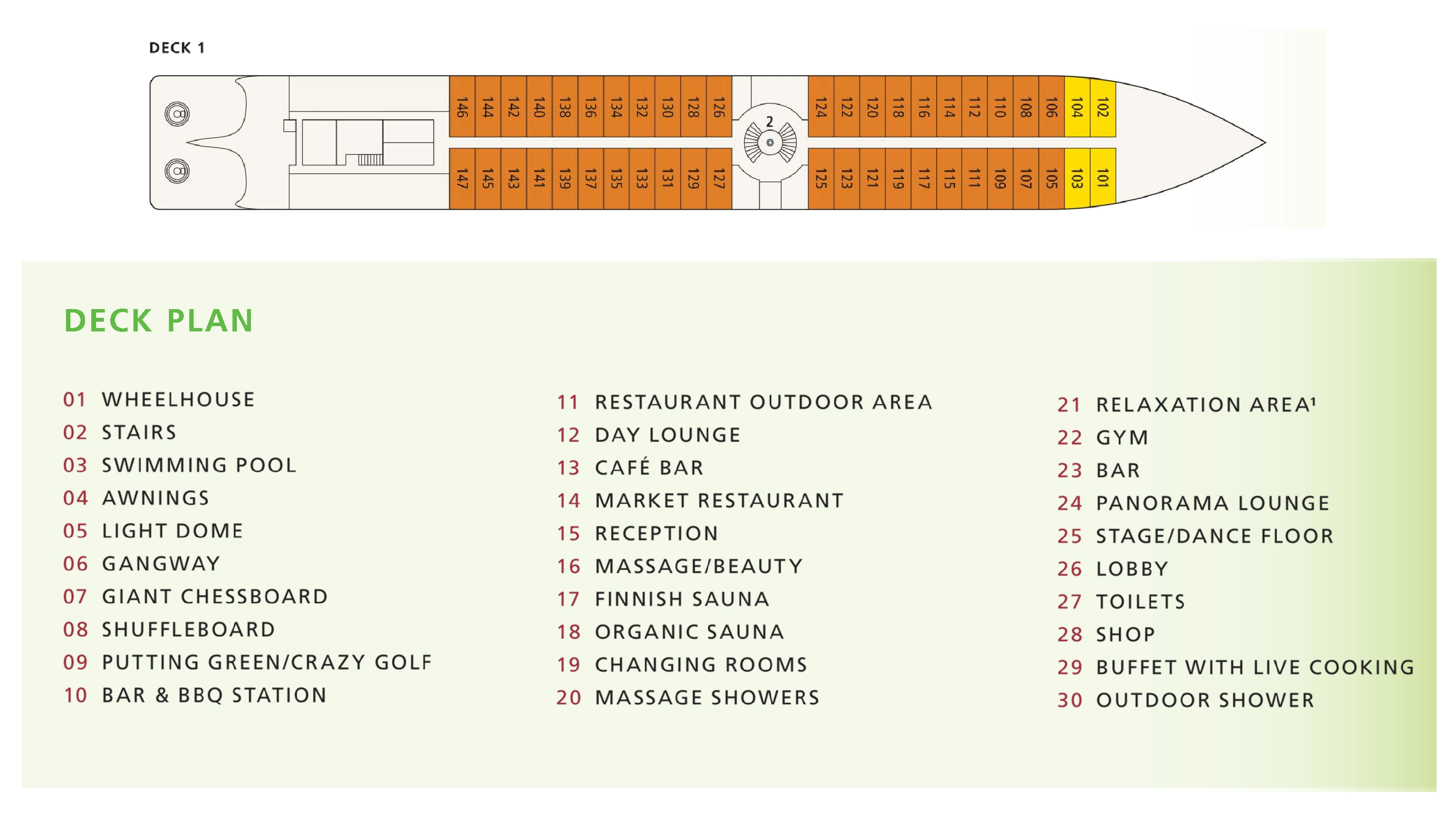 A-ROSA Donna, Deck 1: official cabin and venue layout