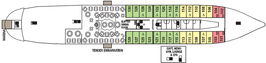 Royal Clipper, Deck 1: official cabin and venue layout