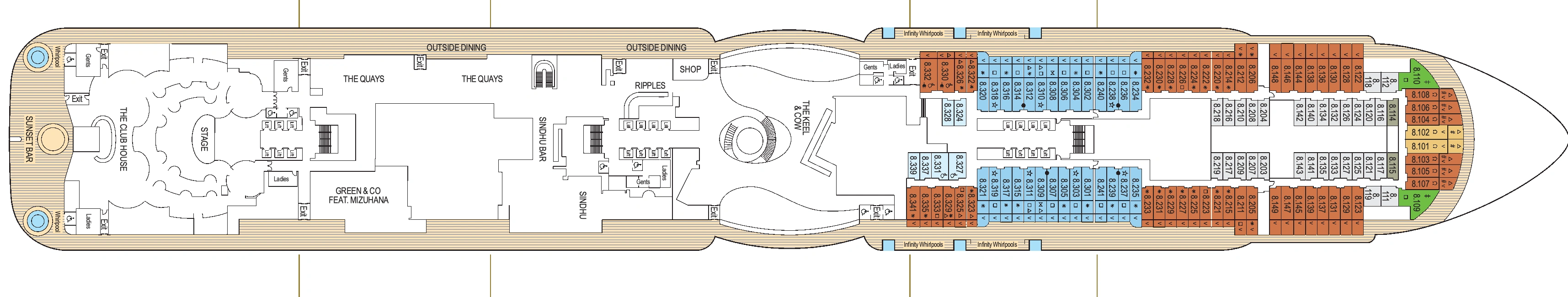 Arvia, Deck 8: official cabin and venue layout