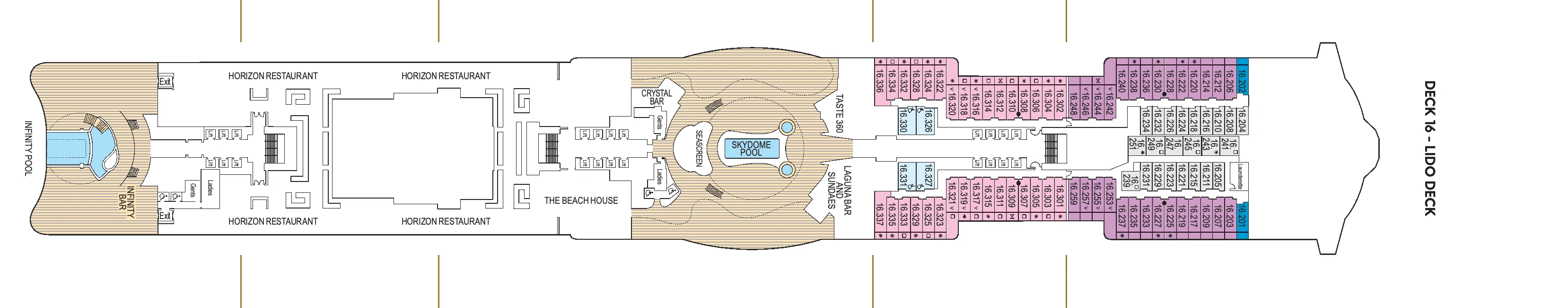 Arvia, Deck 16: official cabin and venue layout