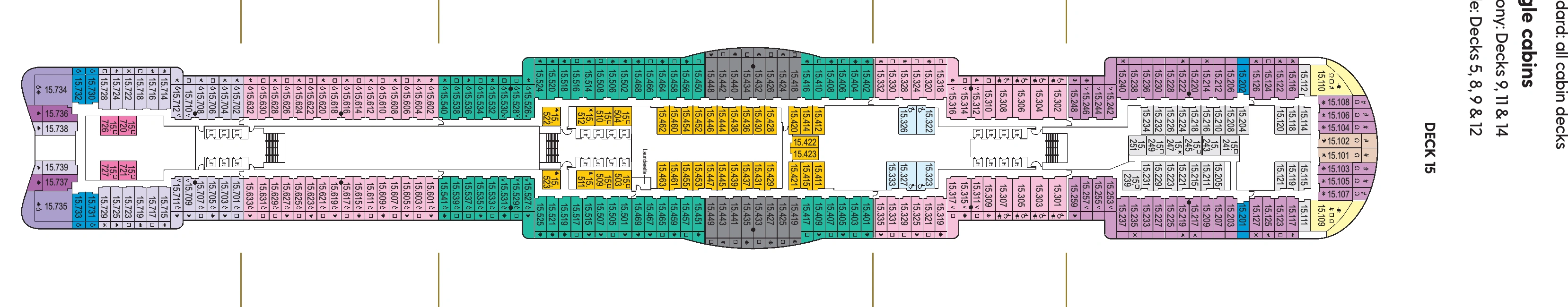 Arvia, Deck 15: official cabin and venue layout