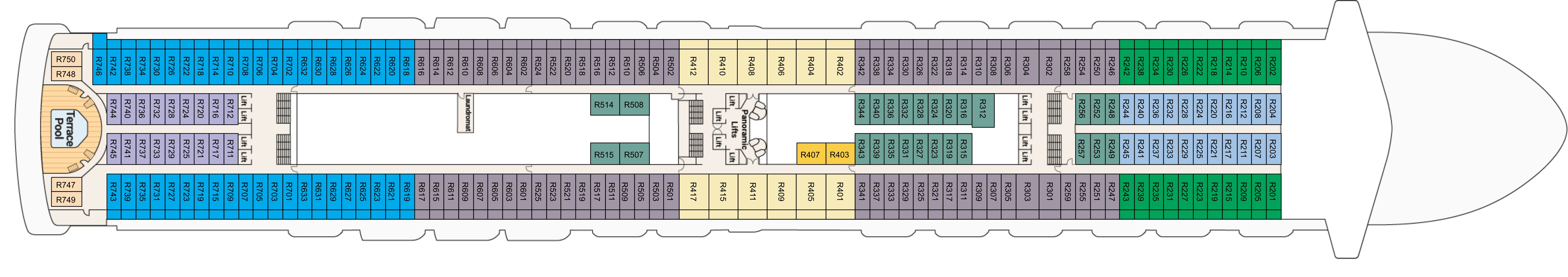 Caribbean Princess, Deck 14: official cabin and venue layout