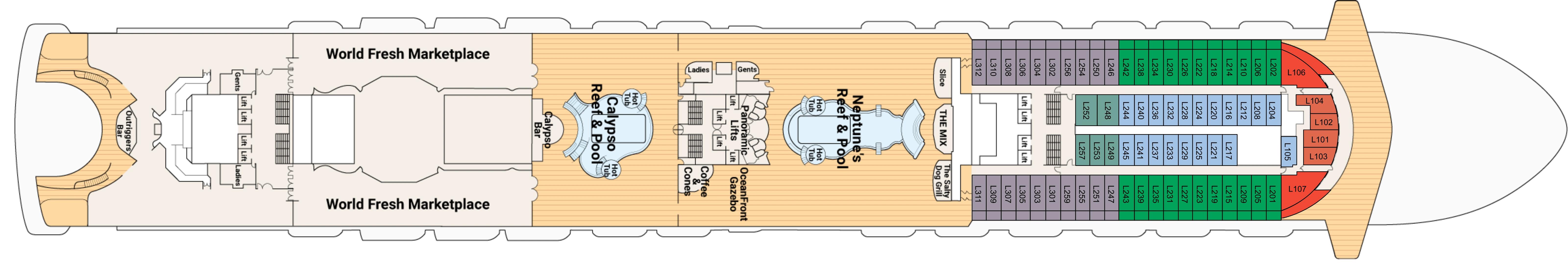 Caribbean Princess, Deck 15: official cabin and venue layout