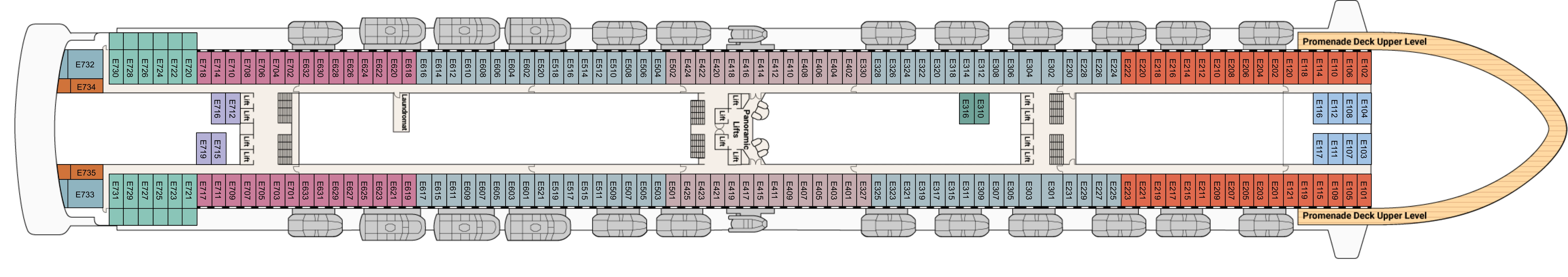 Caribbean Princess, Deck 8: official cabin and venue layout