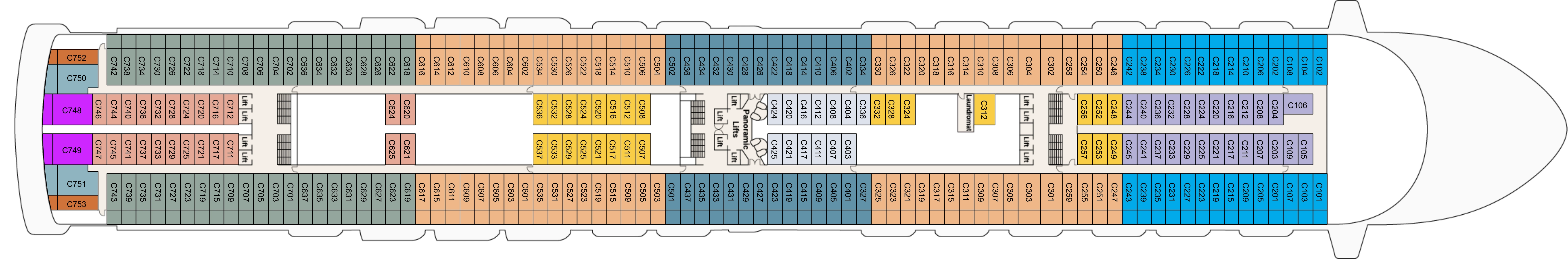 Caribbean Princess, Deck 10: official cabin and venue layout