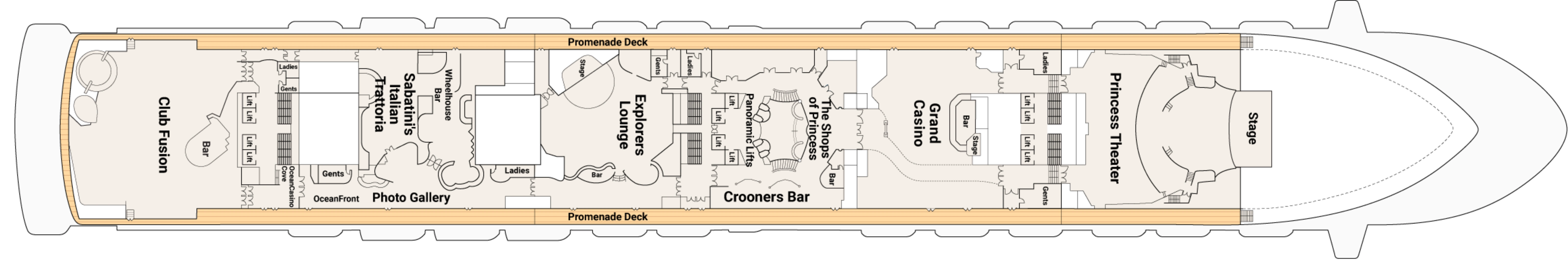 Caribbean Princess, Deck 7: official cabin and venue layout