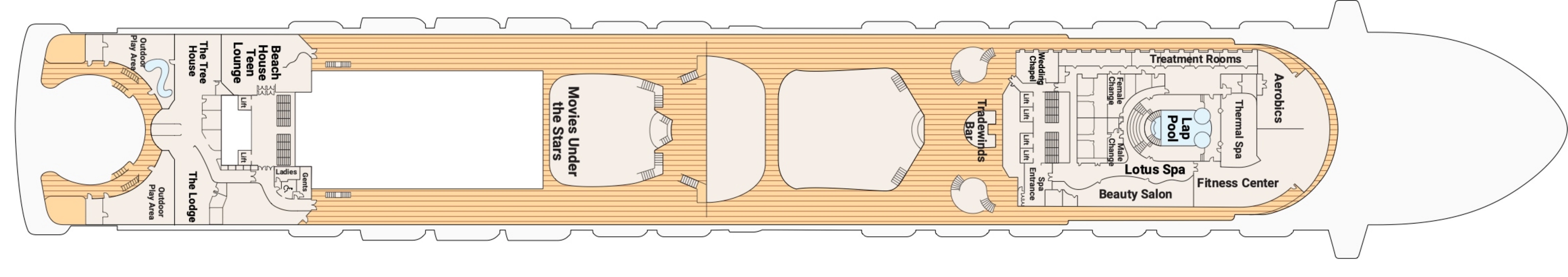 Caribbean Princess, Deck 16: official cabin and venue layout