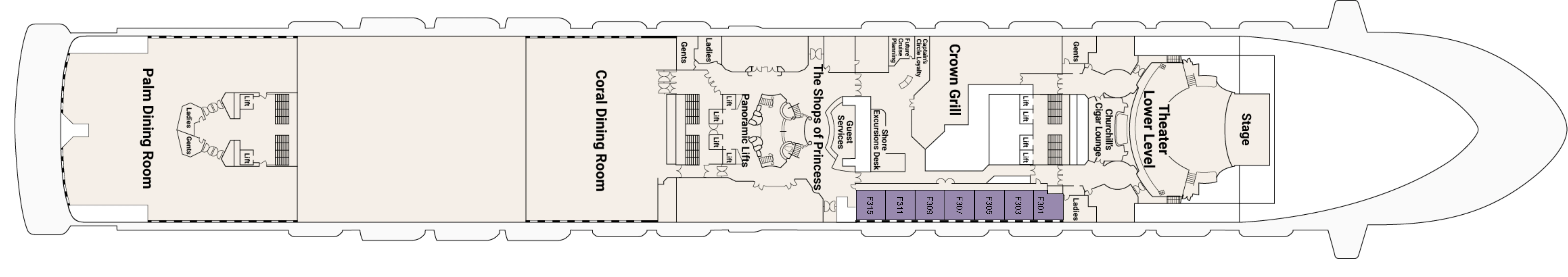Caribbean Princess, Deck 6: official cabin and venue layout
