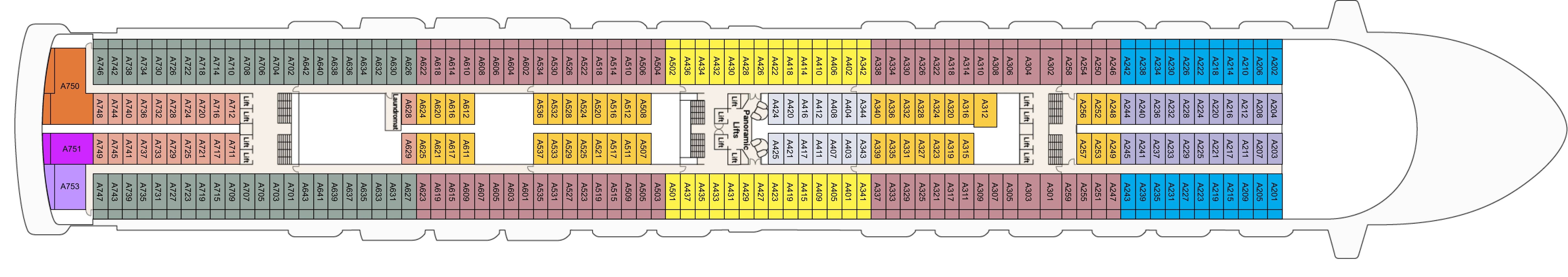 Caribbean Princess, Deck 12: official cabin and venue layout
