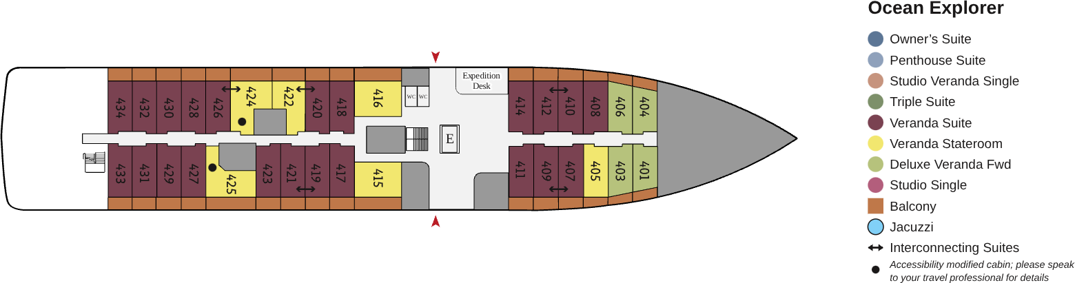 Ocean Explorer, Deck 4: official cabin and venue layout