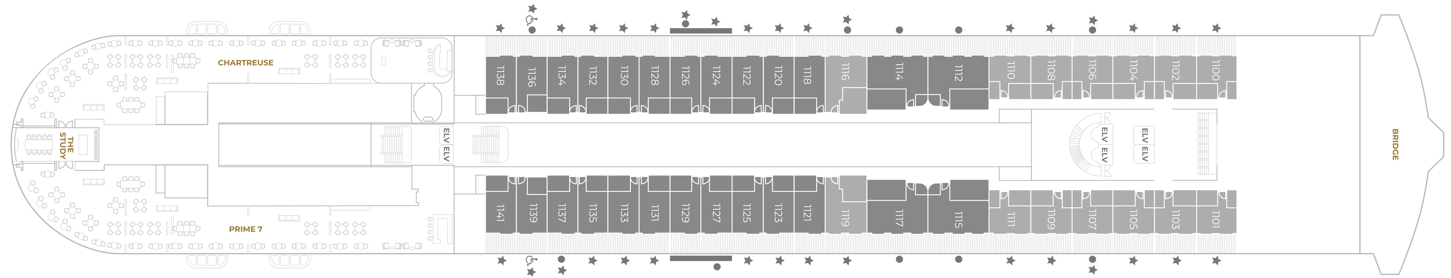 Seven Seas Prestige, Deck 11: official cabin and venue layout